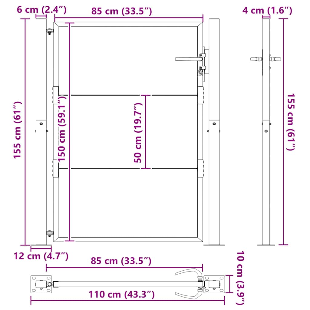 vidaXL Πύλη Κήπου Μαύρο 110 x 155 εκ Χάλυβας με επίστρωση πούδρας