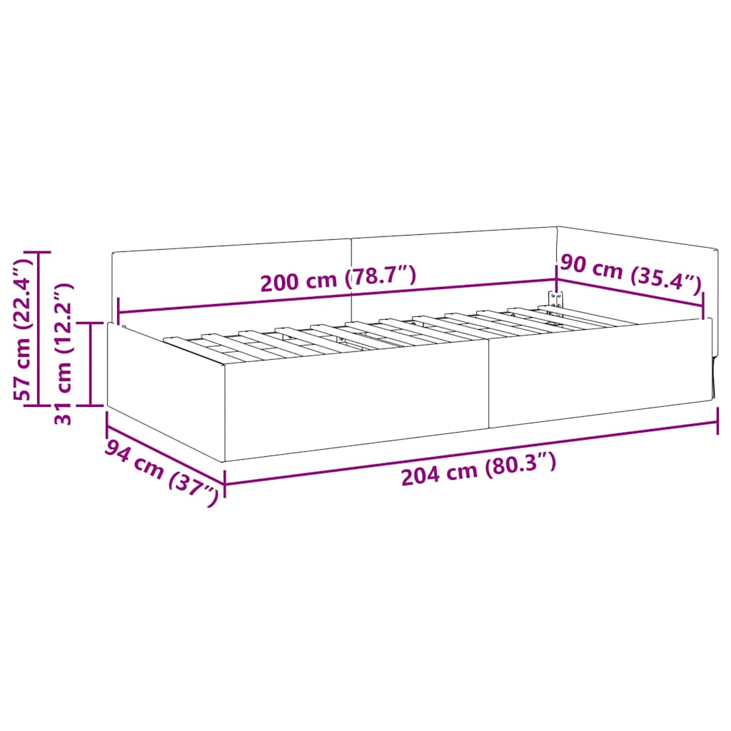 vidaXL Κρεβάτι Γωνίας Μαύρο 90 x 200 cm Βελούδο και Εργοστασιακό ξύλο