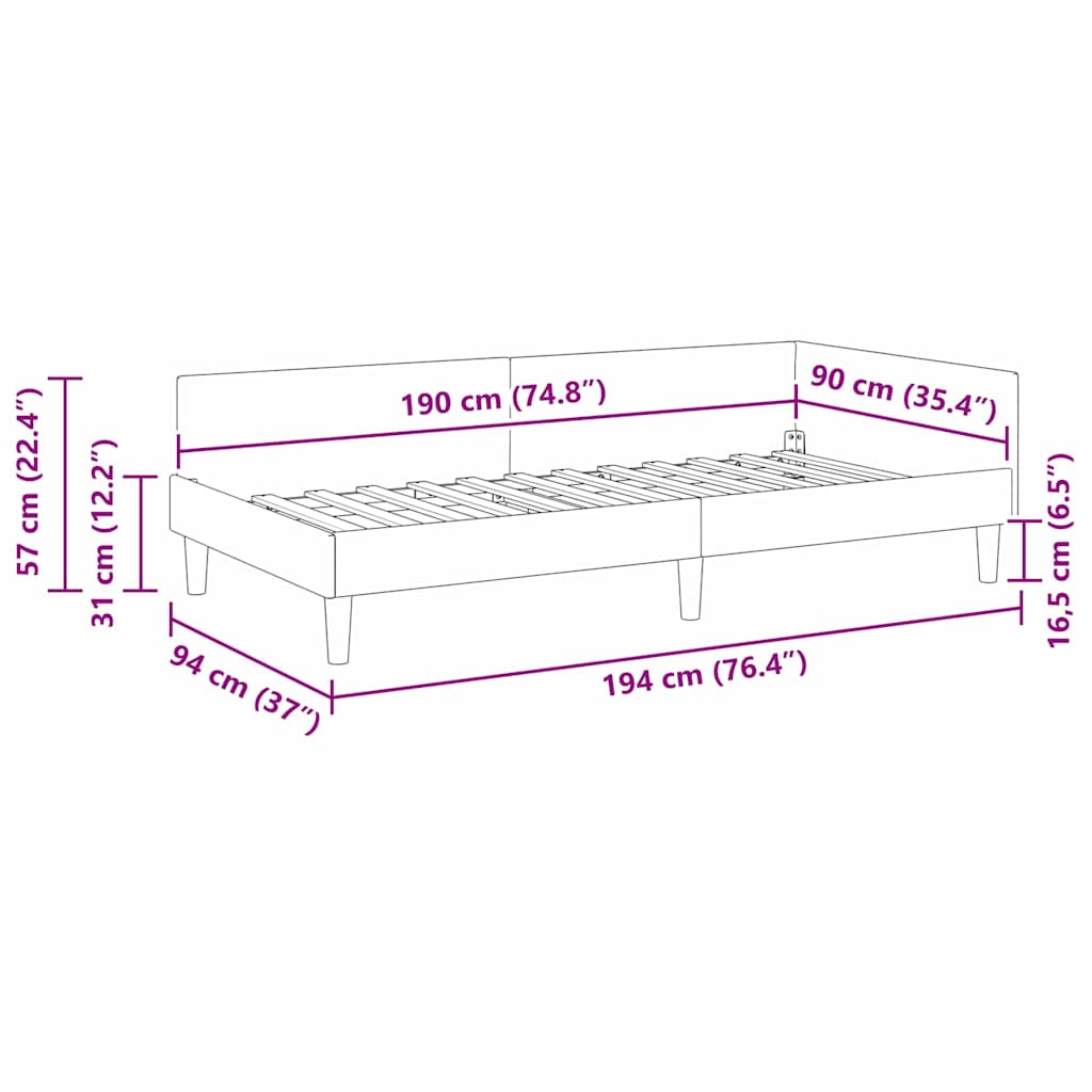 vidaXL Πλαϊνό Κρεβάτι με κεφαλάρι Σκούρο γκρι 90 x 190 cm