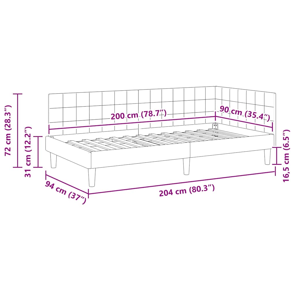 vidaXL Κρεβάτι Γωνίας με κεφαλάρι Μαύρο 90 x 200 cm Βελούδο
