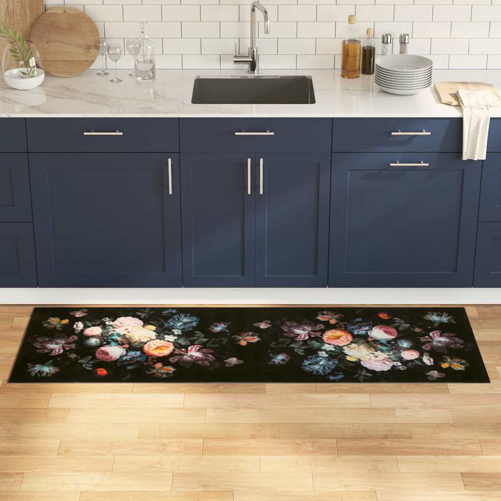 vidaXL Χαλί Κουζίνας Floral Μαύρο 180 x 60 cm Βελούδο