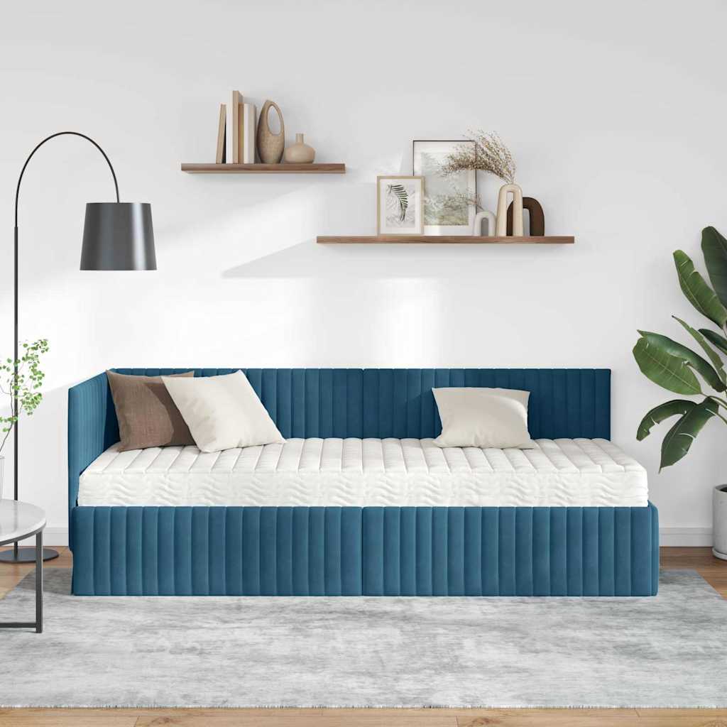 vidaXL Κρεβάτι γωνίας με στρώμα με κεφαλάρι 2 pcs Μπλε Βελούδο