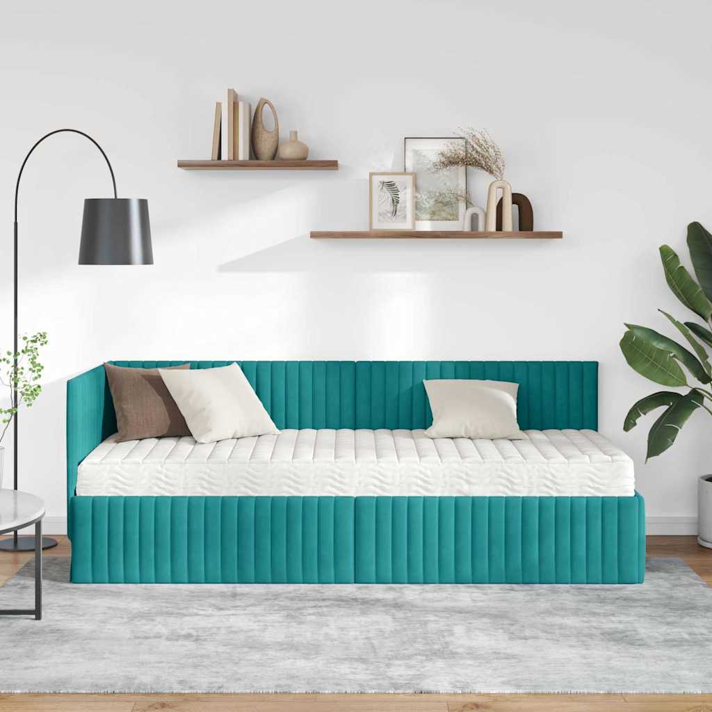 vidaXL Κρεβάτι γωνίας με στρώμα με κεφαλάρι 2 pcs Τιρκουάζ Βελούδο