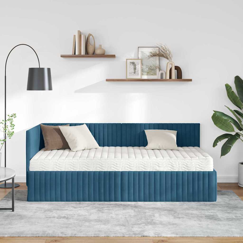 vidaXL Κρεβάτι γωνίας με στρώμα με κεφαλάρι 2 pcs Μπλε Βελούδο
