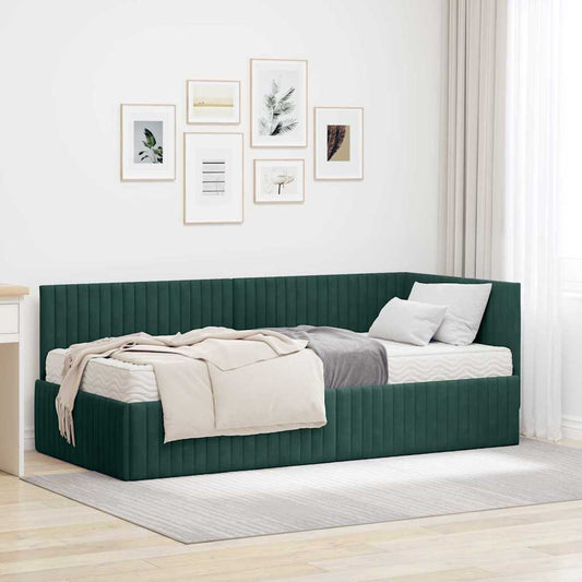 vidaXL Κρεβάτι γωνίας με στρώμα με κεφαλάρι 2 pcs Πράσινο Βελούδο
