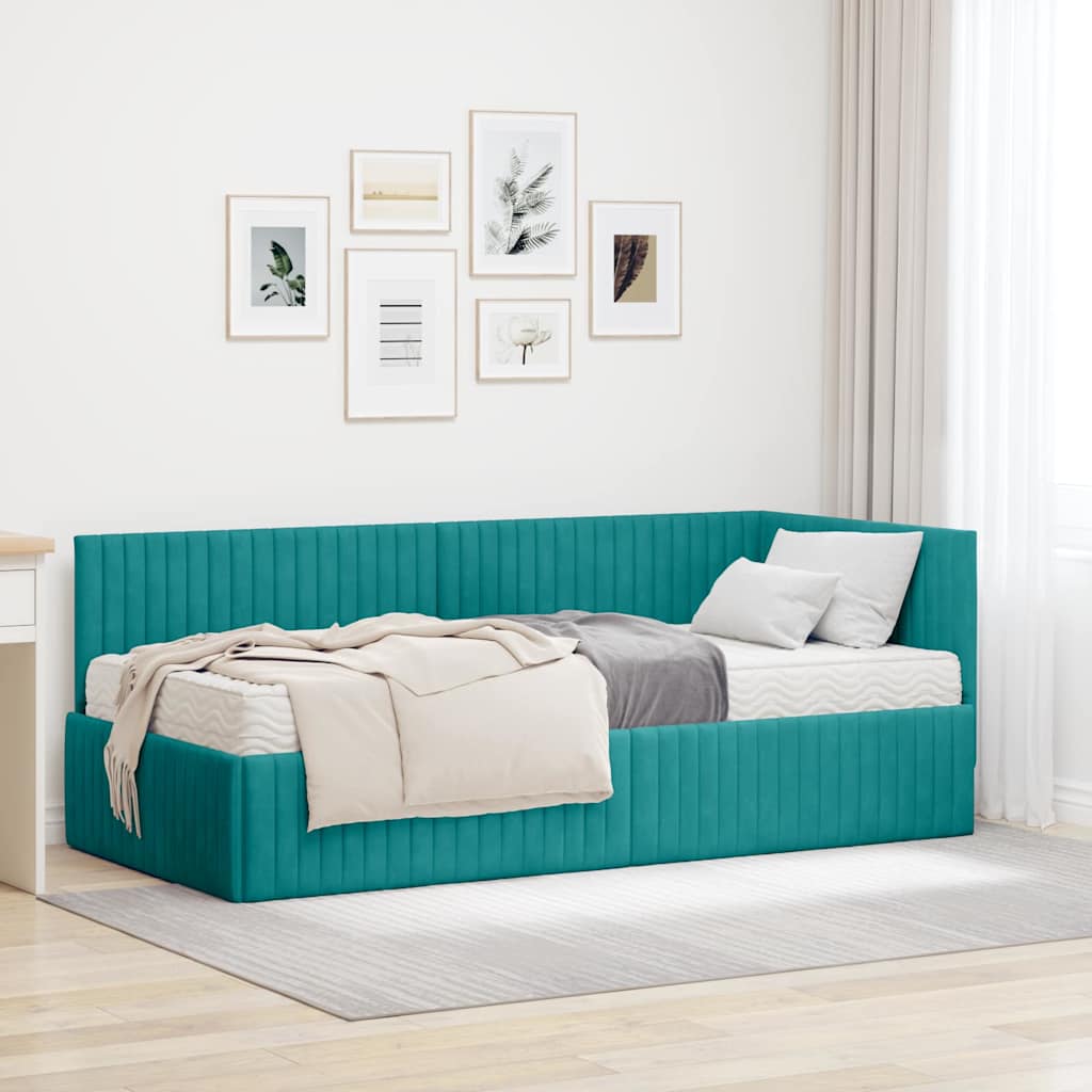 vidaXL Κρεβάτι γωνίας με στρώμα με κεφαλάρι 2 pcs Τιρκουάζ Βελούδο