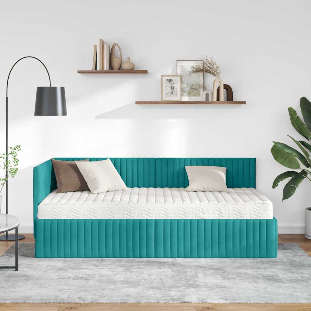 vidaXL Κρεβάτι γωνίας με στρώμα με κεφαλάρι 2 pcs Τιρκουάζ Βελούδο