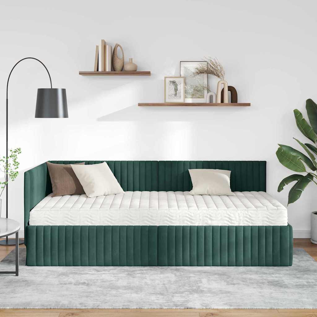 vidaXL Κρεβάτι γωνίας με στρώμα με κεφαλάρι 2 pcs Πράσινο Βελούδο