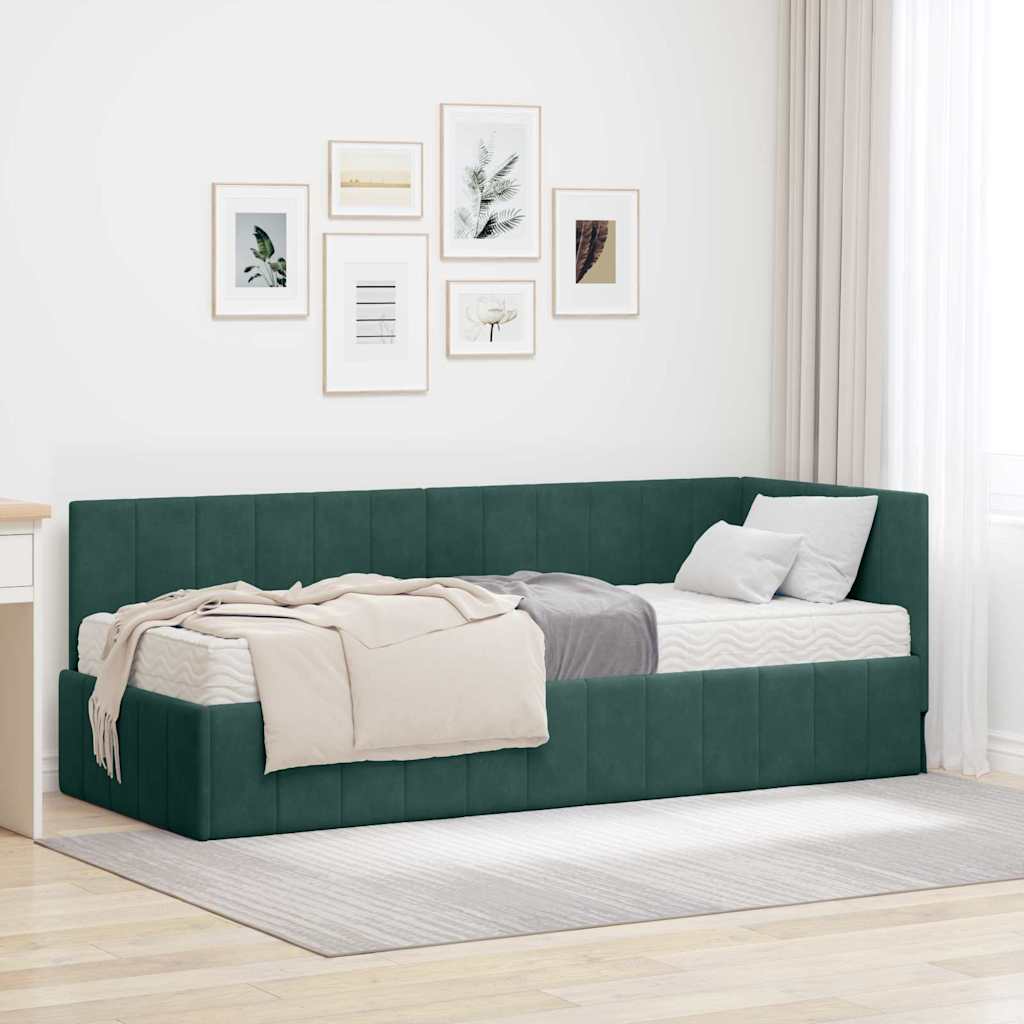 vidaXL Κρεβάτι γωνίας με στρώμα με κεφαλάρι 2 pcs Πράσινο Βελούδο
