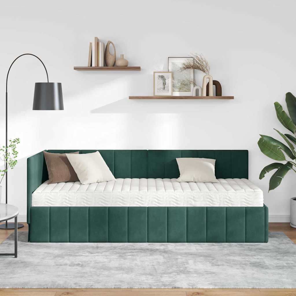 vidaXL Κρεβάτι γωνίας με στρώμα με κεφαλάρι 2 pcs Πράσινο Βελούδο
