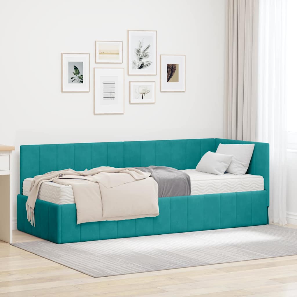 vidaXL Κρεβάτι γωνίας με στρώμα με κεφαλάρι 2 pcs Τιρκουάζ Βελούδο