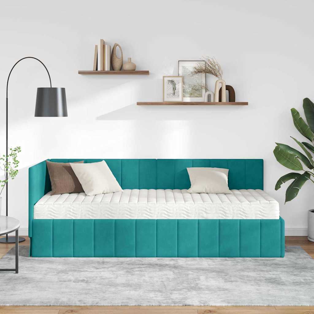 vidaXL Κρεβάτι γωνίας με στρώμα με κεφαλάρι 2 pcs Τιρκουάζ Βελούδο