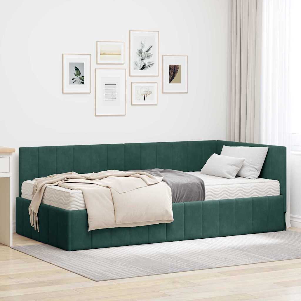 vidaXL Κρεβάτι γωνίας με στρώμα με κεφαλάρι 2 pcs Πράσινο Βελούδο