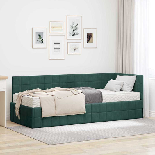 vidaXL Κρεβάτι γωνίας με στρώμα με κεφαλάρι 2 pcs Πράσινο Βελούδο