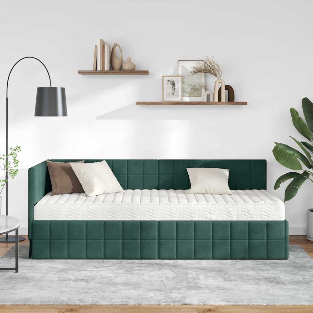 vidaXL Κρεβάτι γωνίας με στρώμα με κεφαλάρι 2 pcs Πράσινο Βελούδο