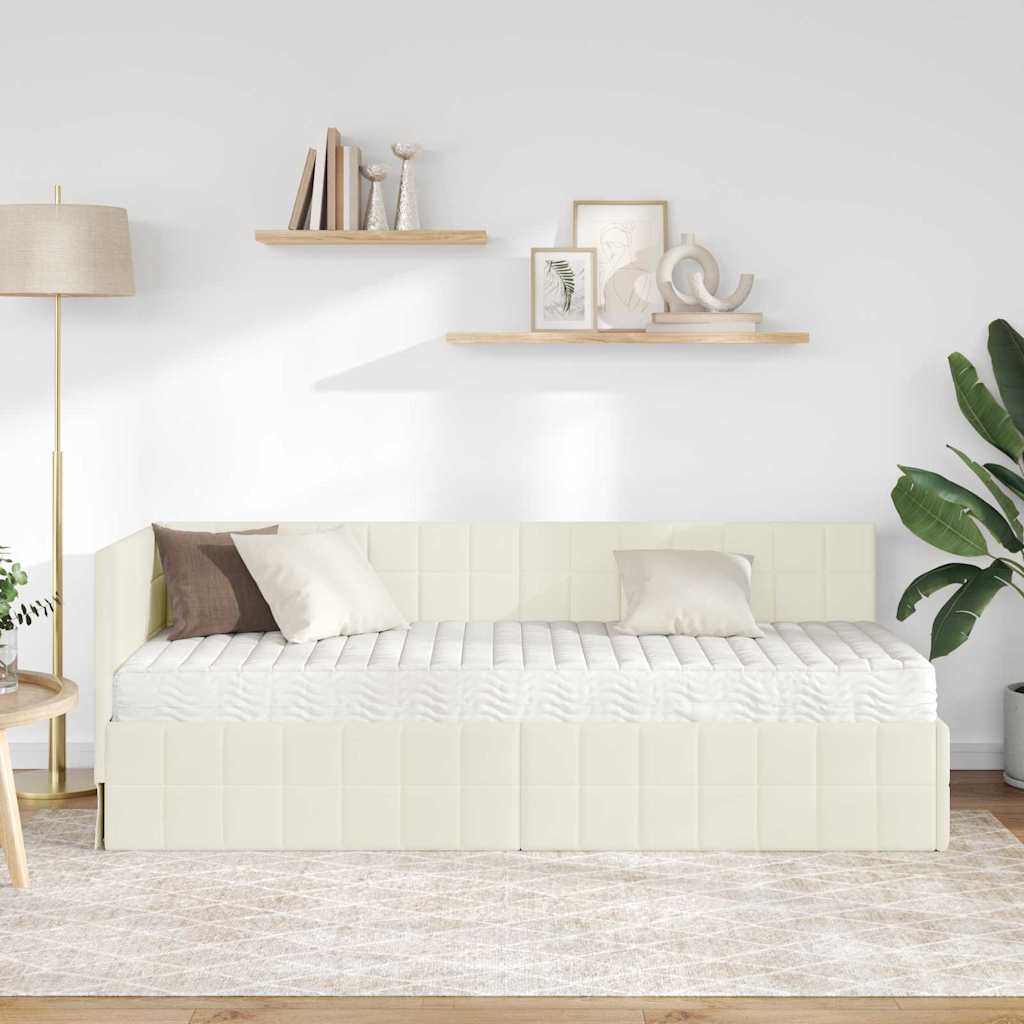 vidaXL Κρεβάτι γωνίας με στρώμα με κεφαλάρι 2 pcs Κρεμ Βελούδο