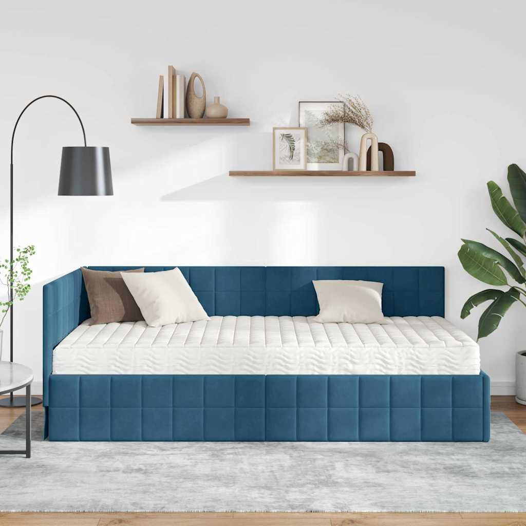 vidaXL Κρεβάτι γωνίας με στρώμα με κεφαλάρι 2 pcs Μπλε Βελούδο