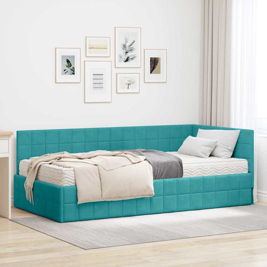 vidaXL Κρεβάτι γωνίας με στρώμα με κεφαλάρι 2 pcs Τιρκουάζ Βελούδο