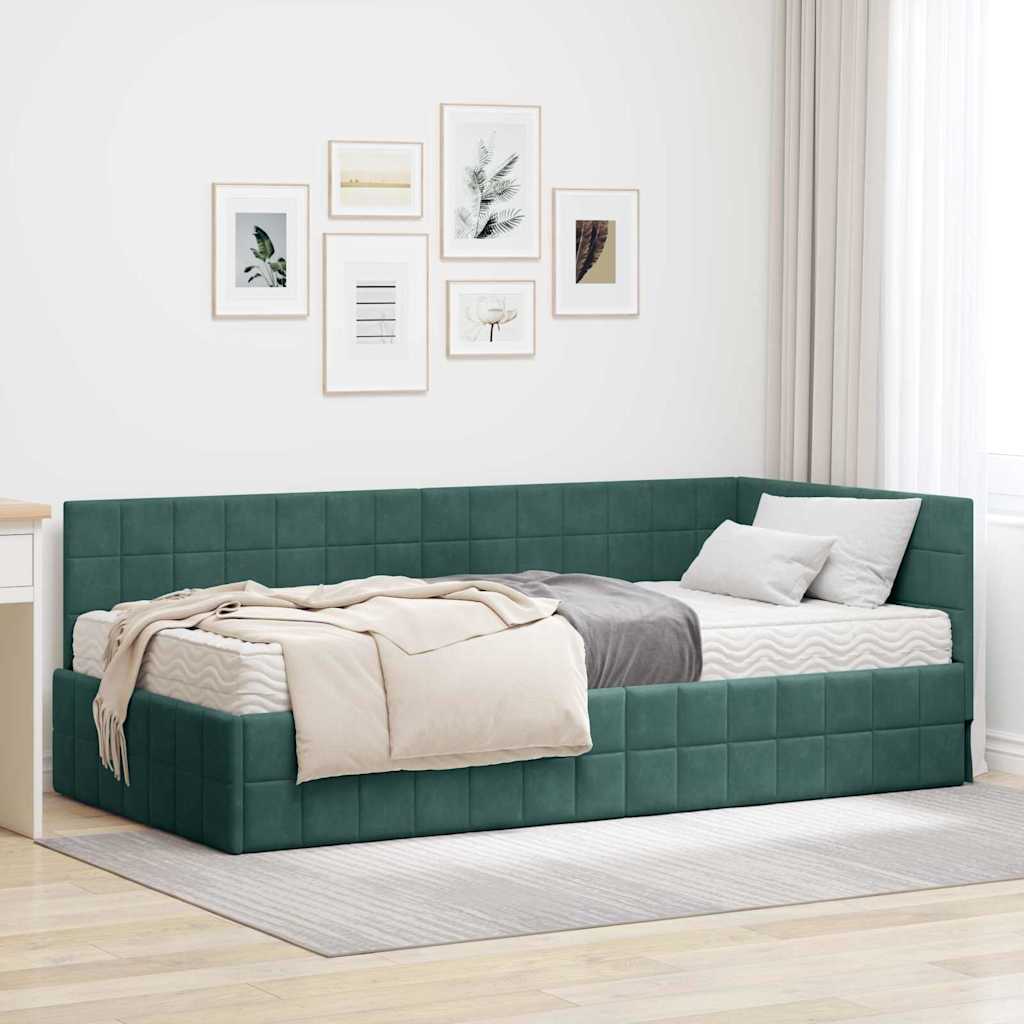 vidaXL Κρεβάτι γωνίας με στρώμα με κεφαλάρι 2 pcs Πράσινο Βελούδο