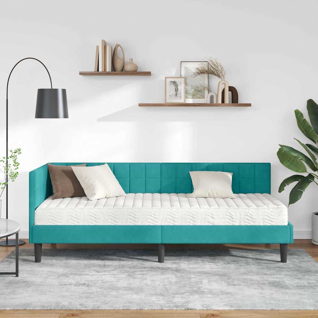 vidaXL Κρεβάτι γωνίας με στρώμα με κεφαλάρι 2 pcs Τιρκουάζ Βελούδο