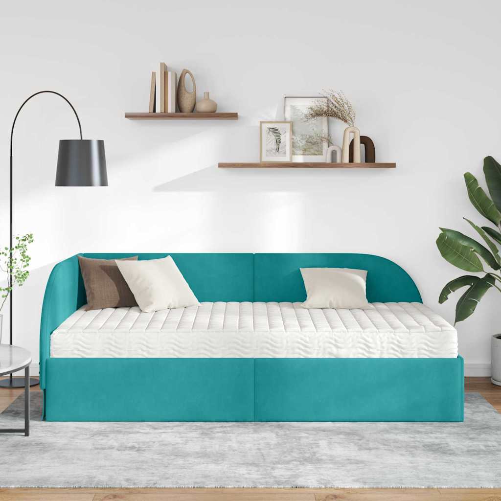 vidaXL Κρεβάτι γωνίας με στρώμα με κεφαλάρι 2 pcs Τιρκουάζ Βελούδο