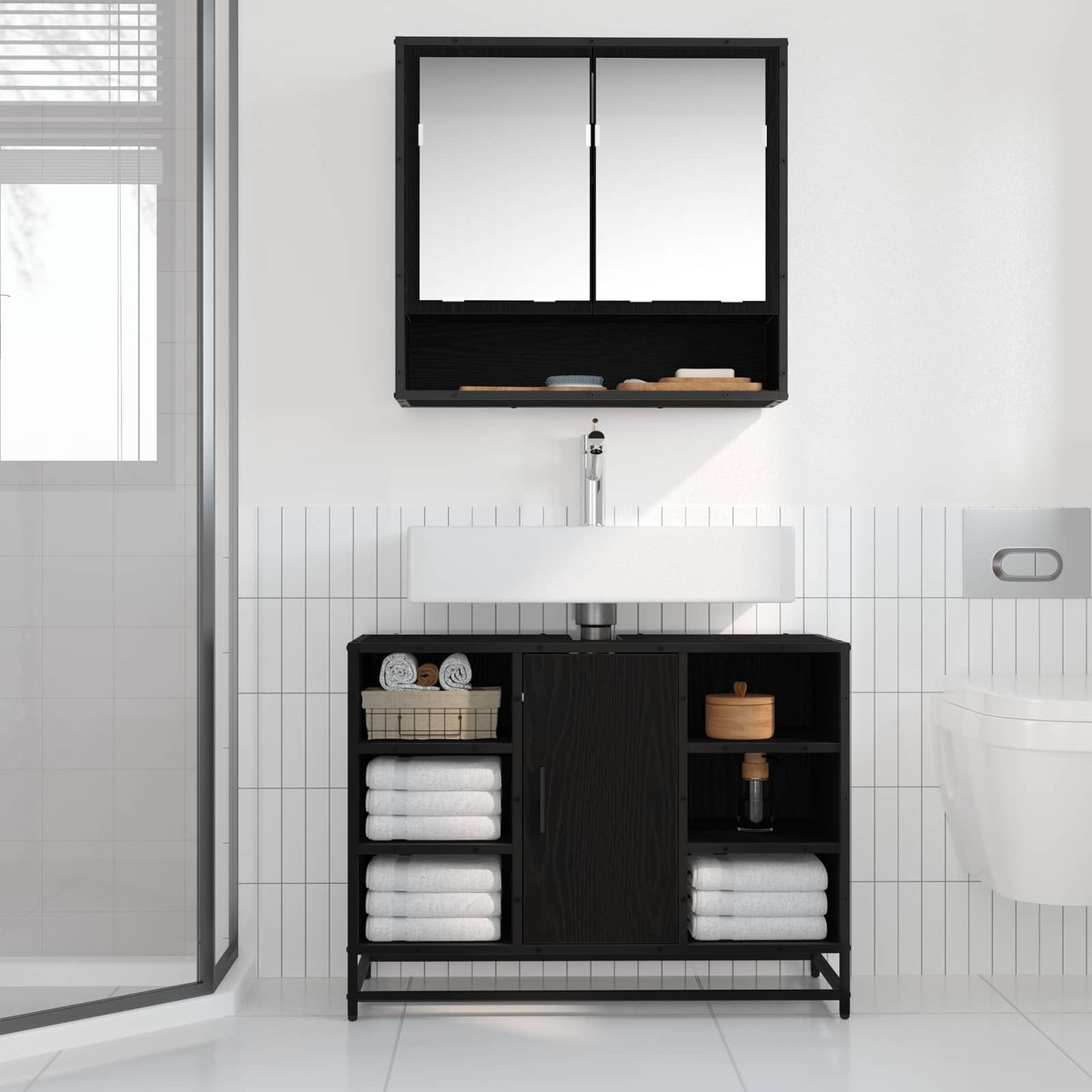 vidaXL Ντουλάπι Μπάνιου Μαύρη Οξυά 80 x 33 x 60 εκ Επεξεργασμένο Ξύλο