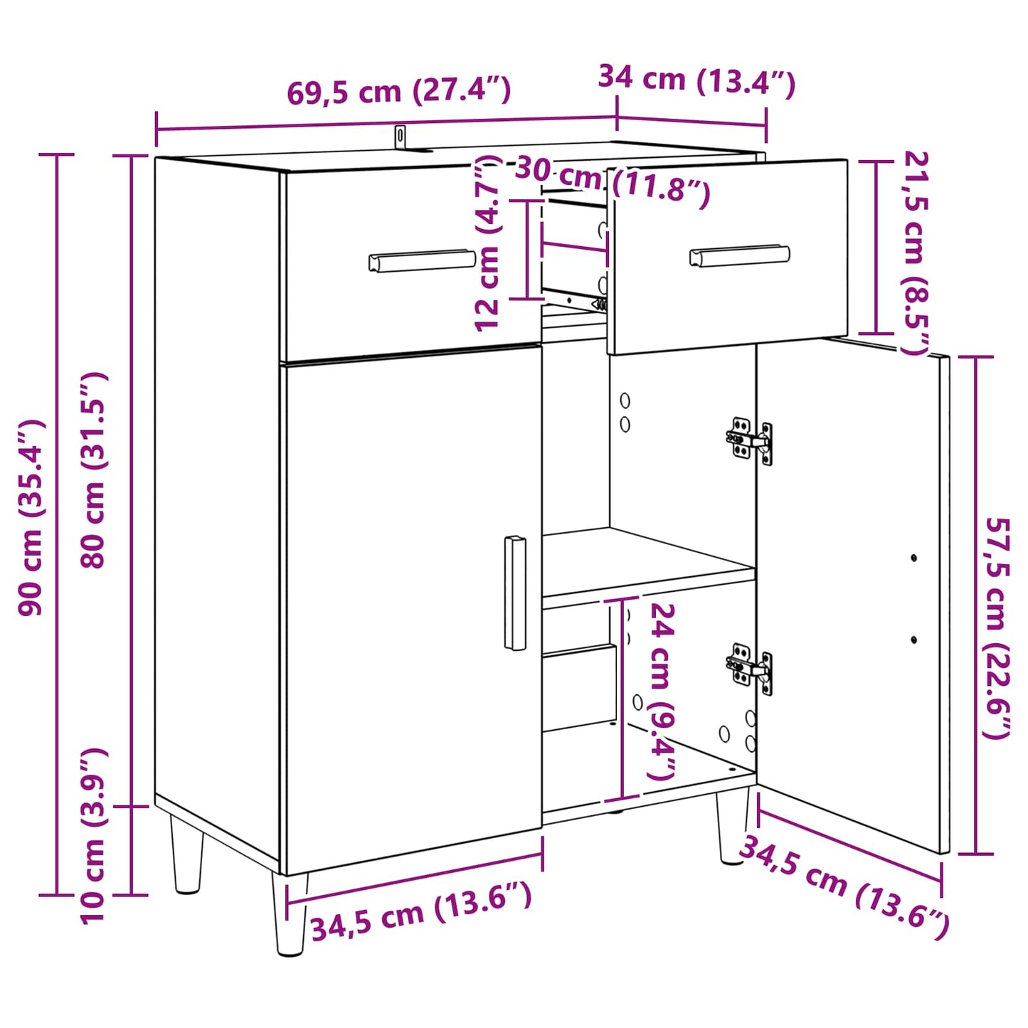 vidaXL Πλαϊνό γραφείο Παλαιό ξύλο 34 x 69.5 x 89 εκ Επεξεργασμένο ξύλο