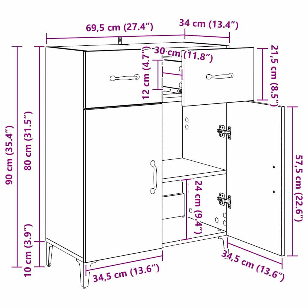 vidaXL Πλαϊνό γραφείο Παλιό ξύλο 69,5 x 34 x 90 εκ. Επεξεργασμένο ξύλο
