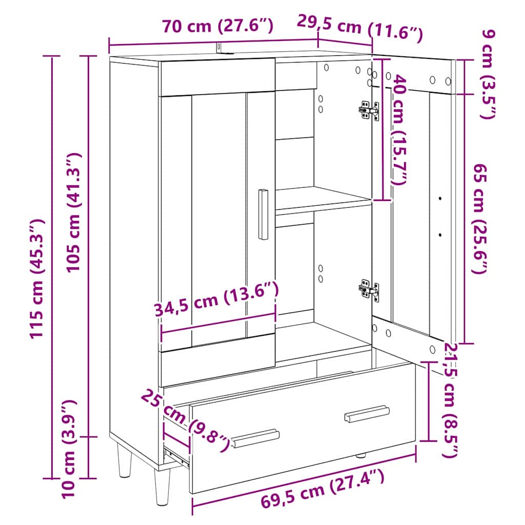 vidaXL Highboard Μαύρη Οξυά 70 x 31 x 115 εκ Επεξεργασμένο ξύλο