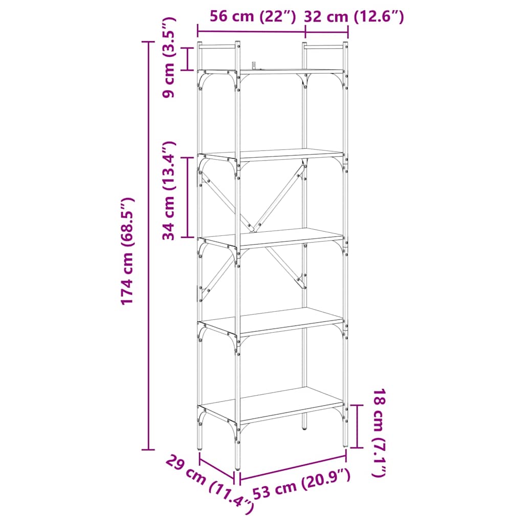 vidaXL Βιβλιοθήκη Μαύρη Οξυά 56 x 32 x 174 cm Επεξεργασμένο ξύλο