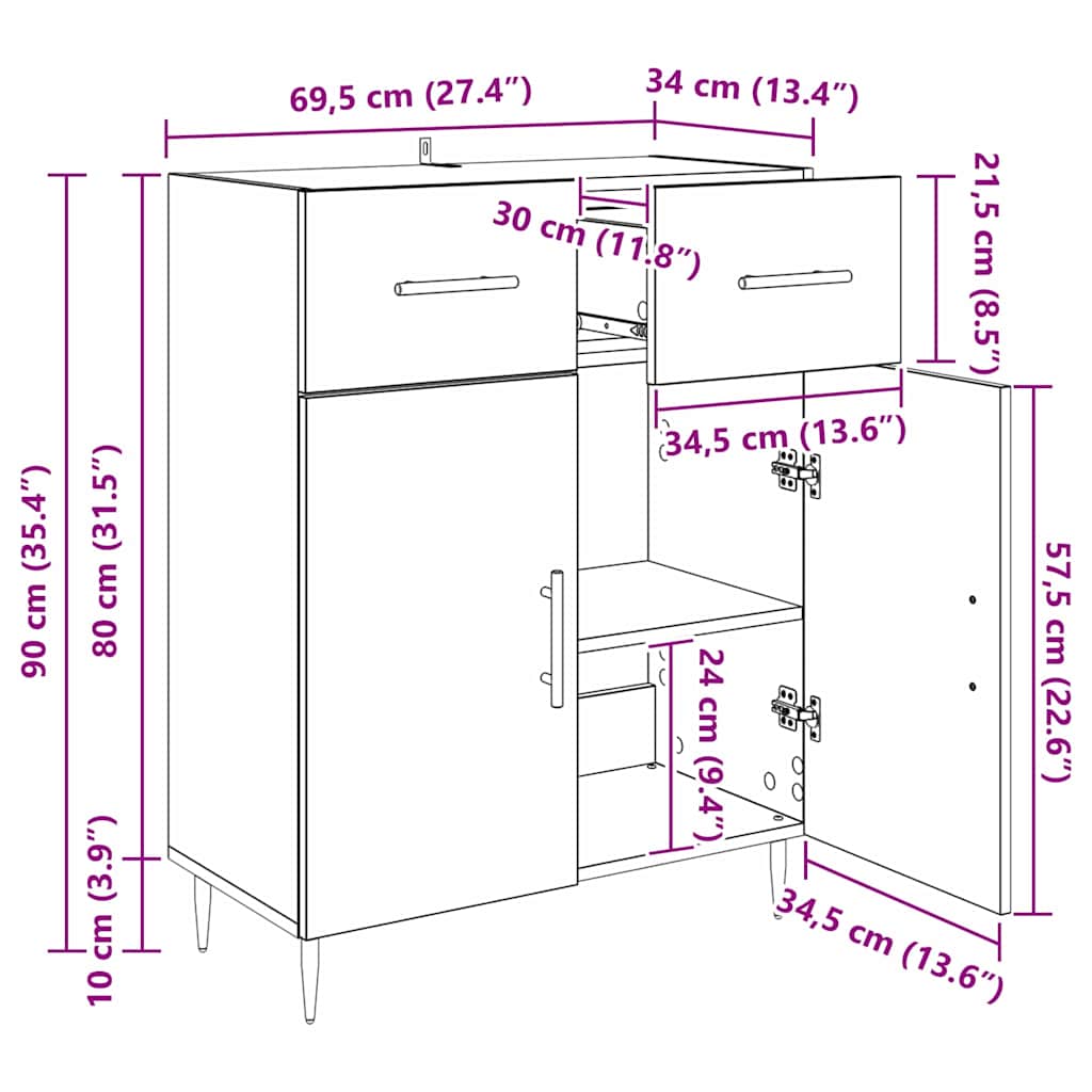 vidaXL Πλαϊνό γραφείο Παλιό Ξύλο 69,5 x 34 x 90 εκ. Επεξεργασμένο ξύλο