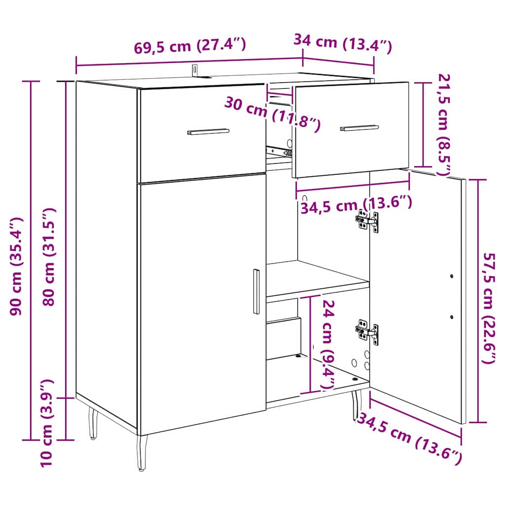 vidaXL Πλαϊνό γραφείο Μαύρη Οξυά 69,5 x 34 x 90 εκ. Επεξεργασμένο ξύλο