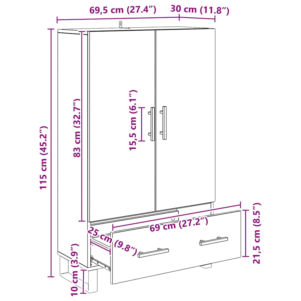 vidaXL Highboard Μαύρη Οξυά 69,5 x 30 x 115 εκ Επεξεργασμένο ξύλο