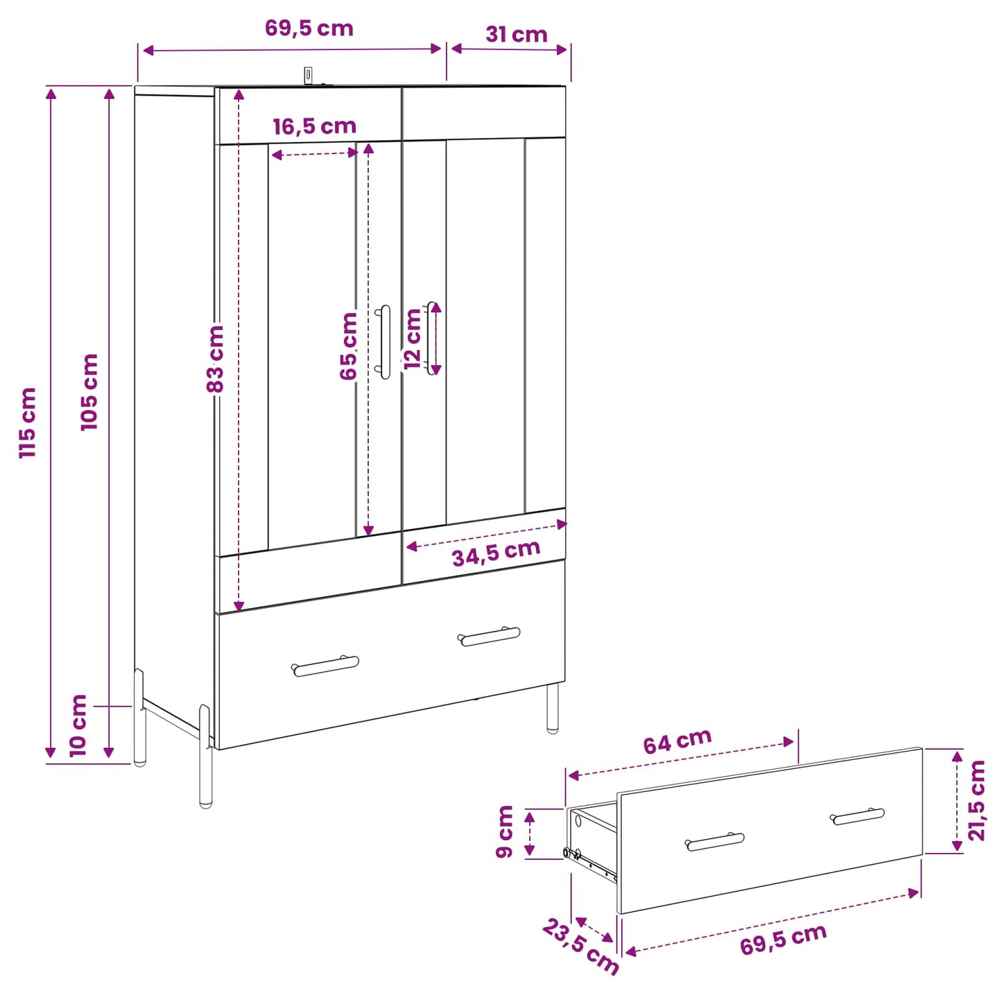vidaXL Highboard με συρτάρι Corona Artisan Oak 69,5 x 31 x 115 εκ.