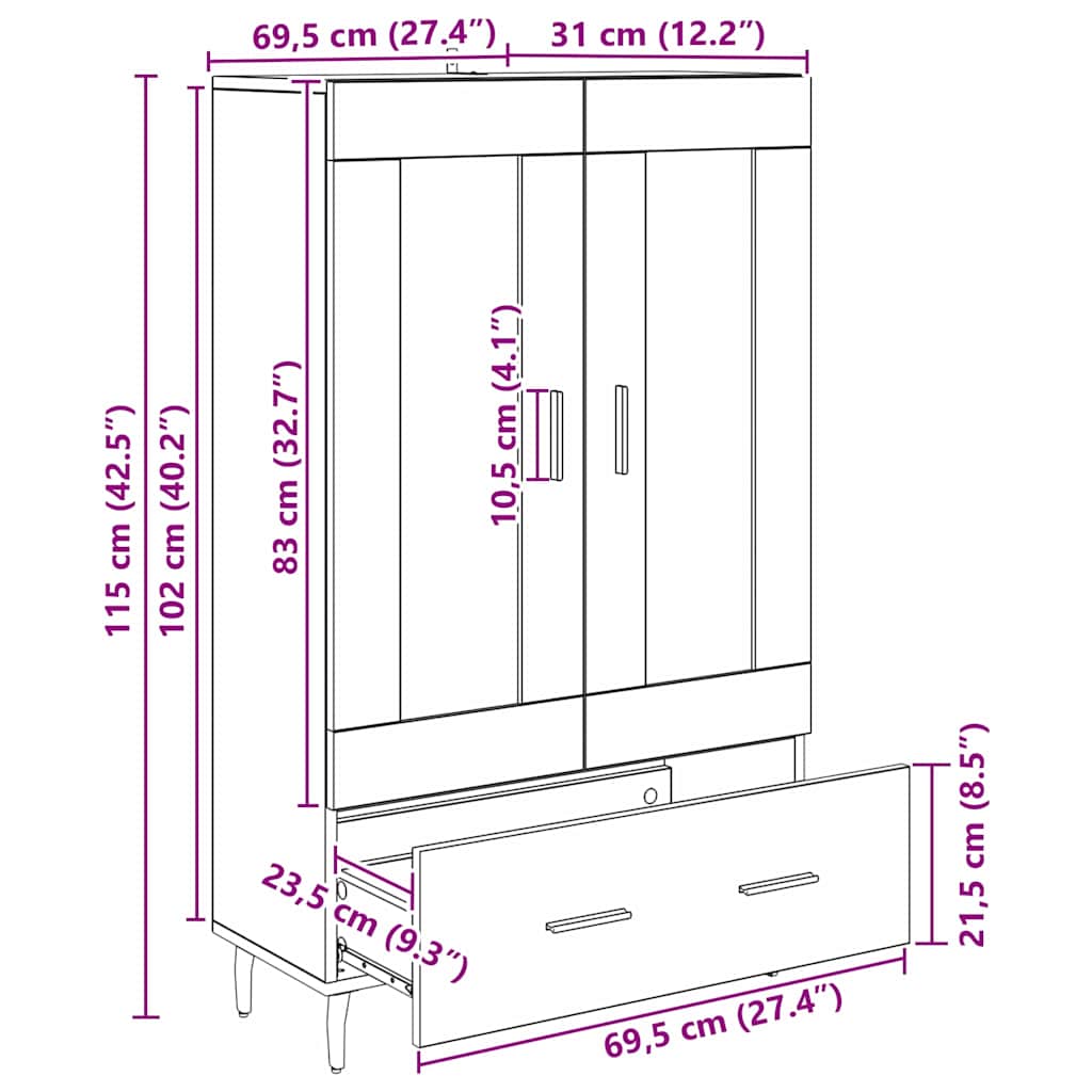 vidaXL Highboard Μαύρη Οξυά 69,5 x 31 x 115 εκ. Επεξεργασμένο ξύλο