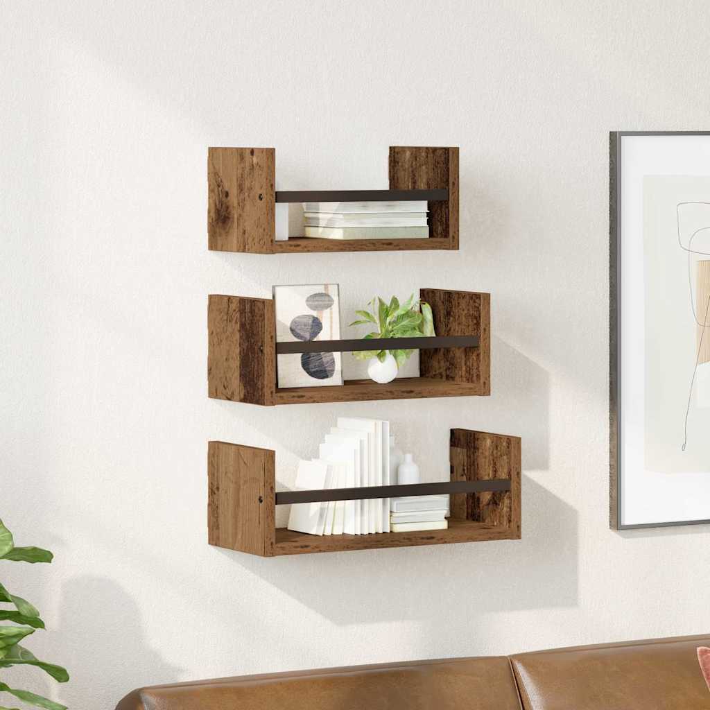 vidaXL Σετ ραφιών τοίχου με ράφι 3 pcs Παλιό Ξύλο 40x16x14εκ.