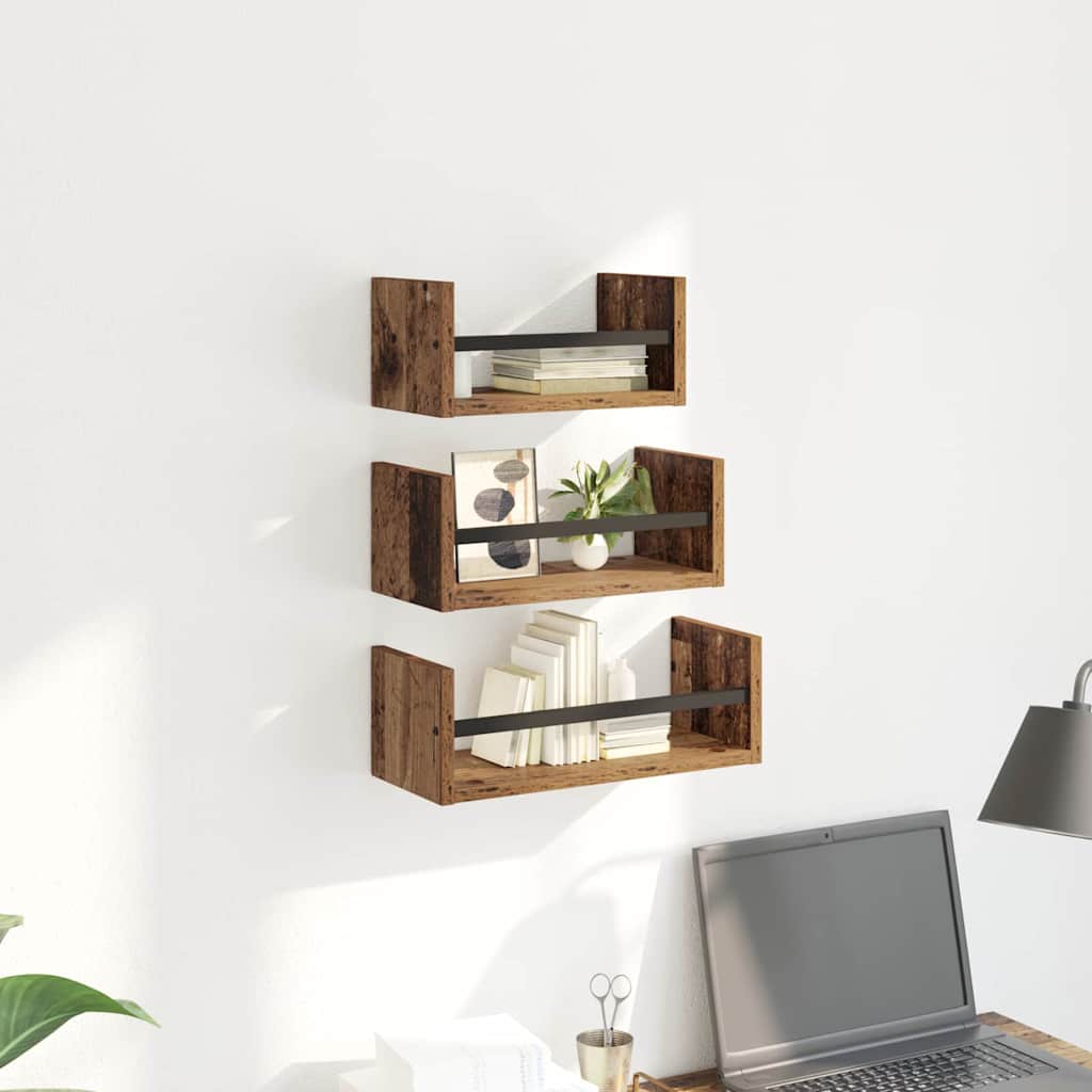 vidaXL Σετ ραφιών τοίχου με ράφι 3 pcs Παλιό Ξύλο 40x16x14εκ.
