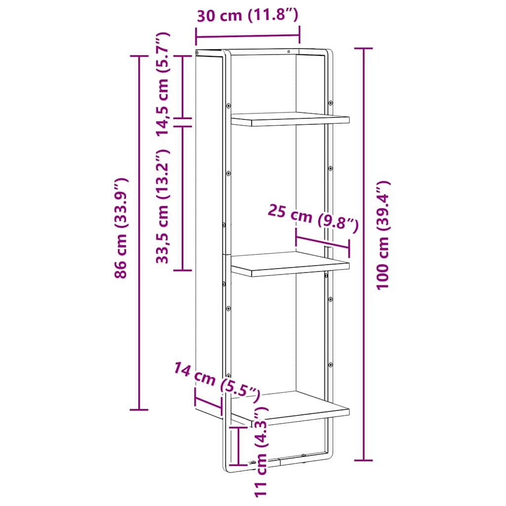 vidaXL Ράφι Τοίχου Μαύρη Οξυά 30 x 25 x 100 cm Επεξεργασμένο ξύλο