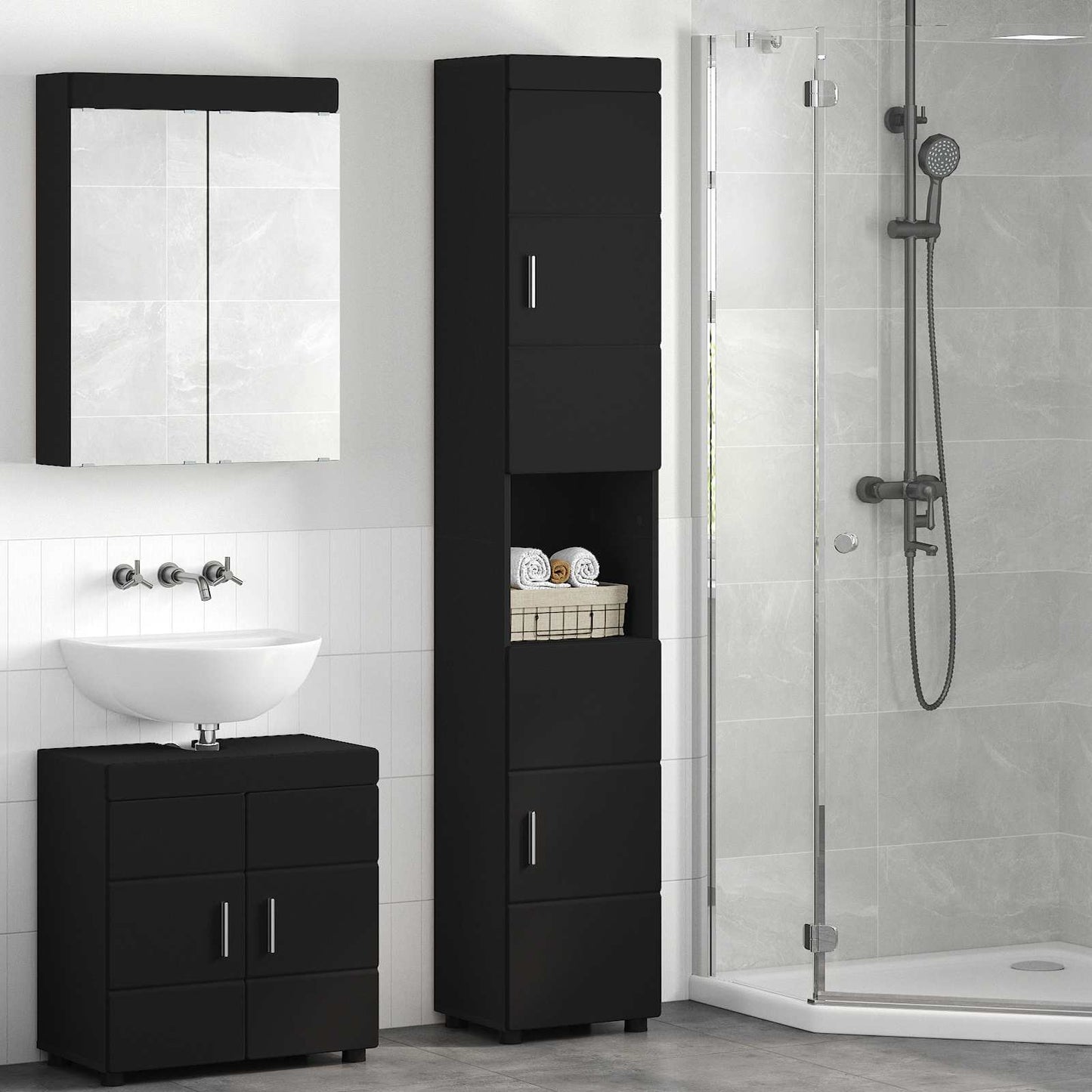 vidaXL Σετ Ντουλαπιών Μπάνιου TULUM Μαύρο 37 x 31,5 x 203 εκ