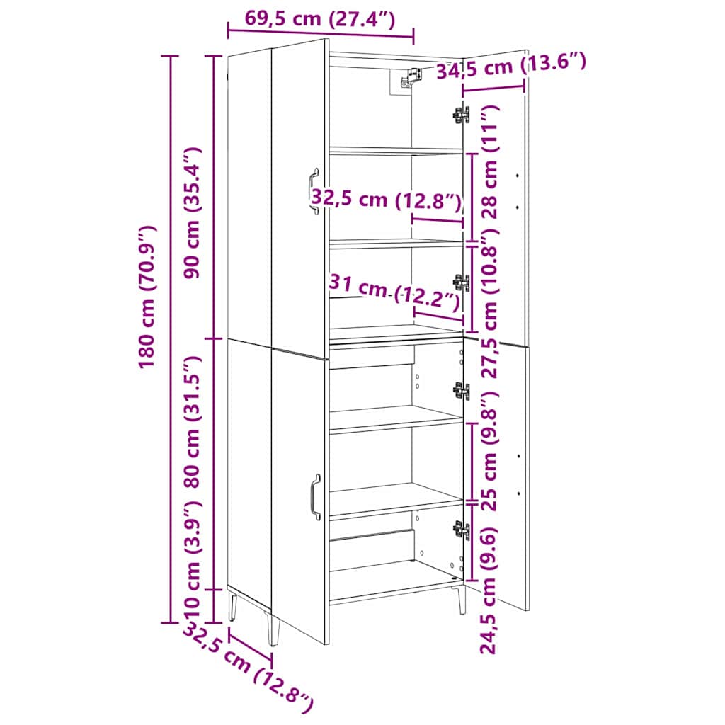 vidaXL Highboard 2 pcs artisan δρυς 69.5 x 34 x 180 εκ.