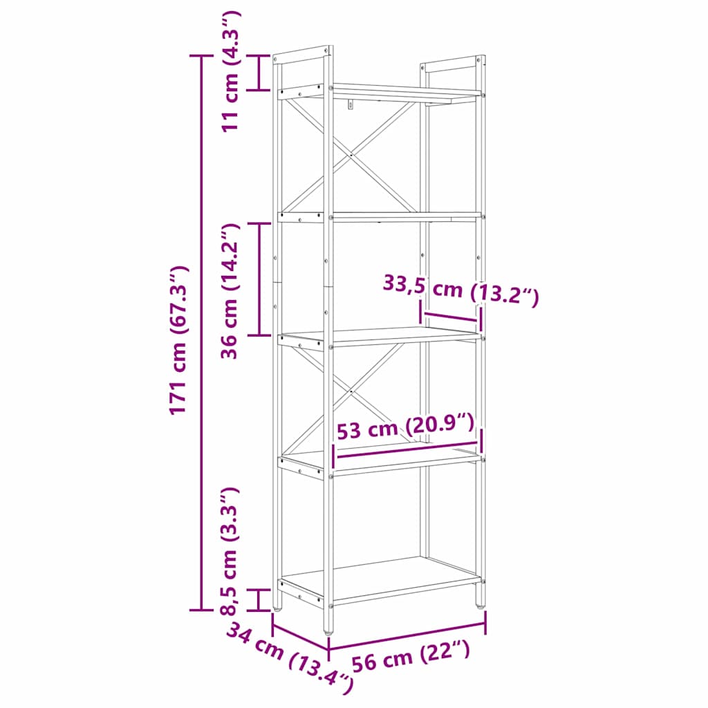 vidaXL Ράφι Βιβλίων Γκρίζο Σονομα 56 x 34 x 171 εκ Επεξεργασμένο ξύλο