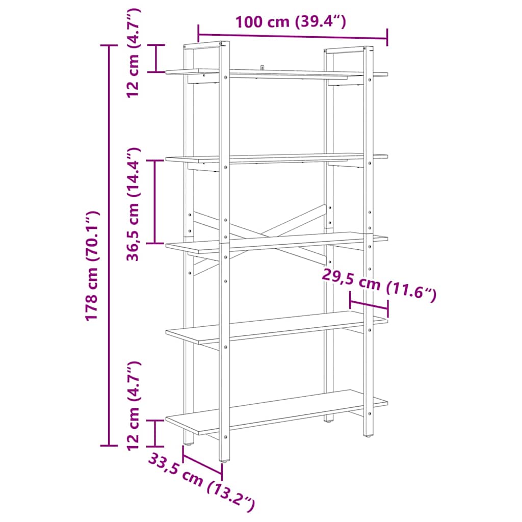 vidaXL Ράφι Βιβλίων Μαύρη Οξυά 100 x 33,5 x 178 εκ Επεξεργασμένο ξύλο