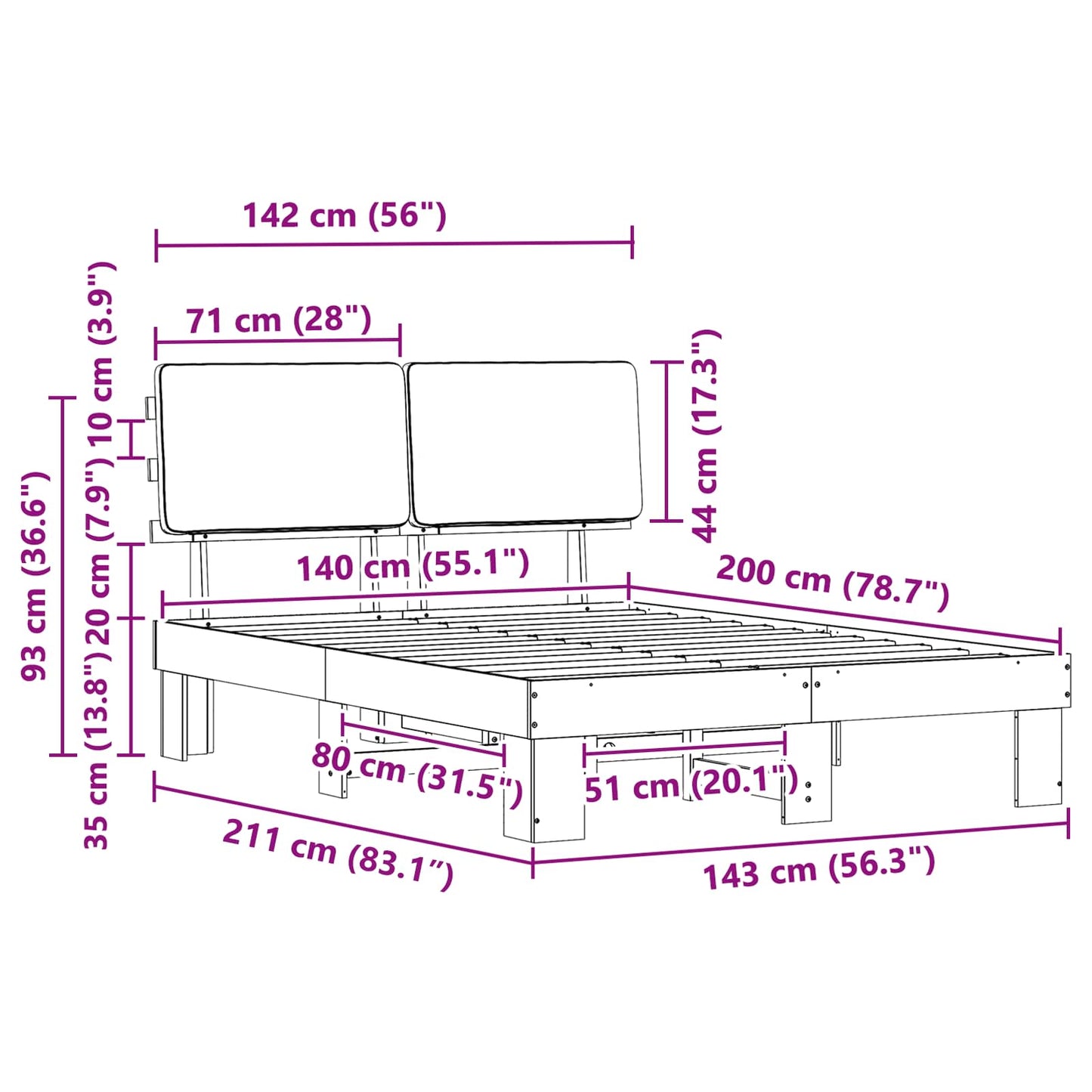 vidaXL Σκελετός Κρεβατιού με Επενδεδυμένο Κεφαλάρι Μαύρο 140 x 200 cm