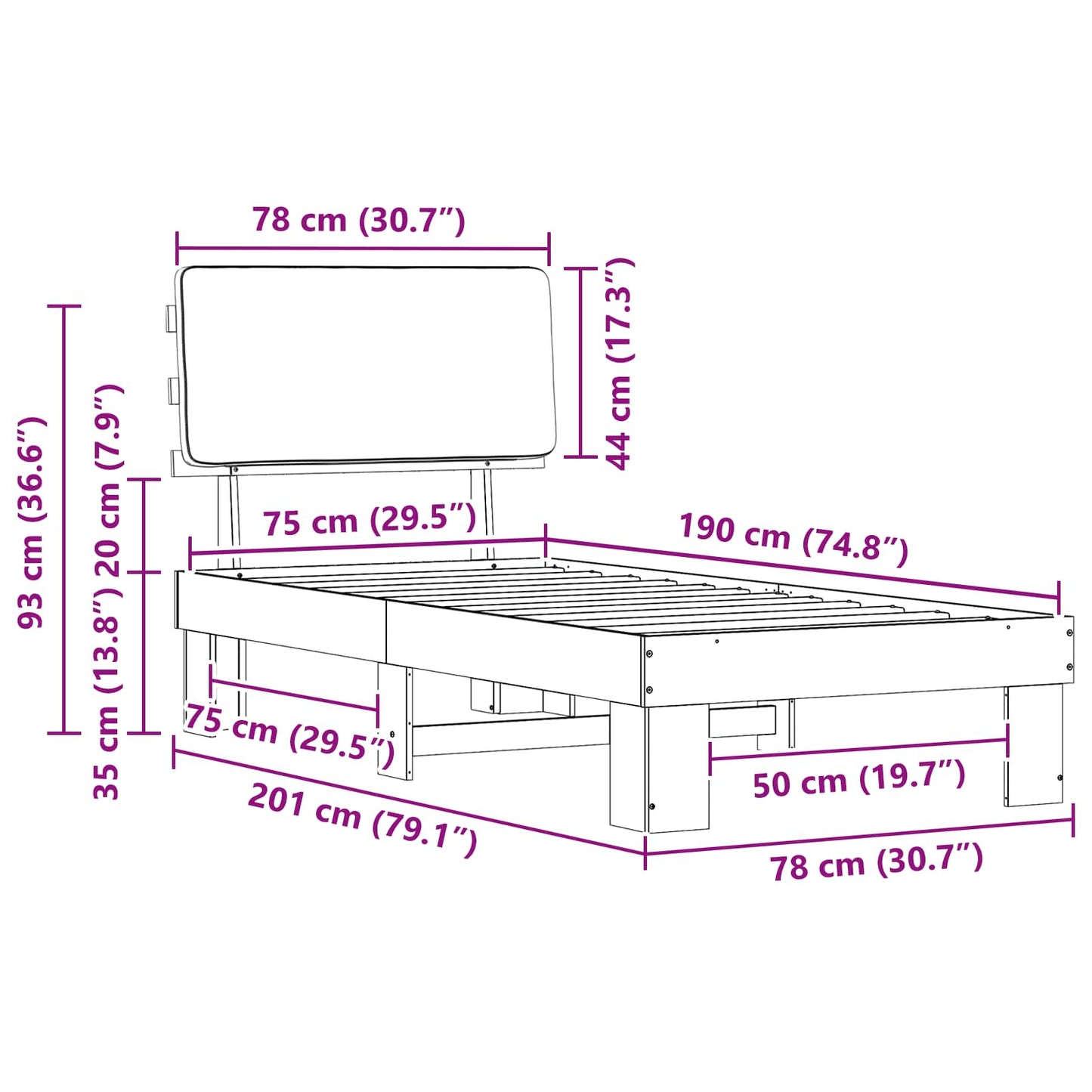 vidaXL Σκελετός Κρεβατιού με Επενδεδυμένο Κεφαλάρι Taupe 75 x 190 cm