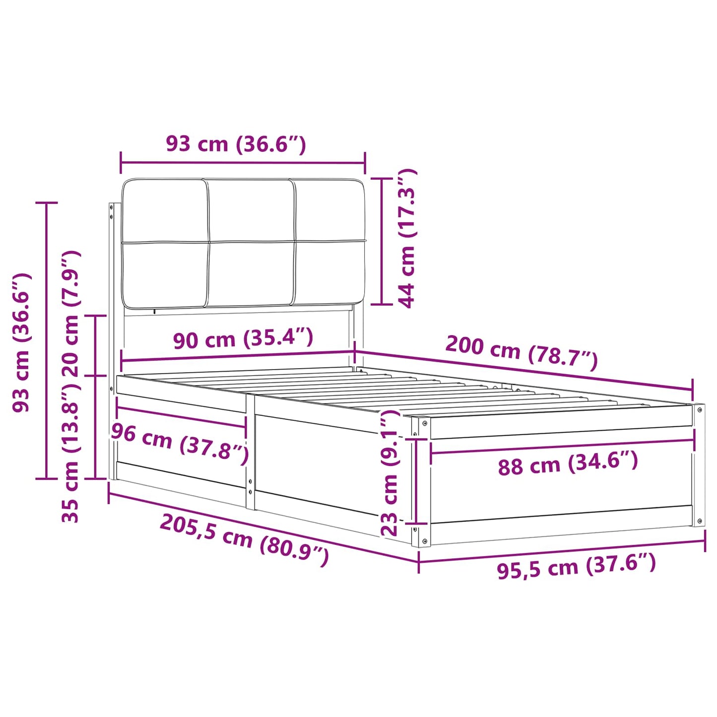 vidaXL Σκελετός Κρεβατιού με Επενδεδυμένο Κεφαλάρι Μαύρο 90 x 200 cm