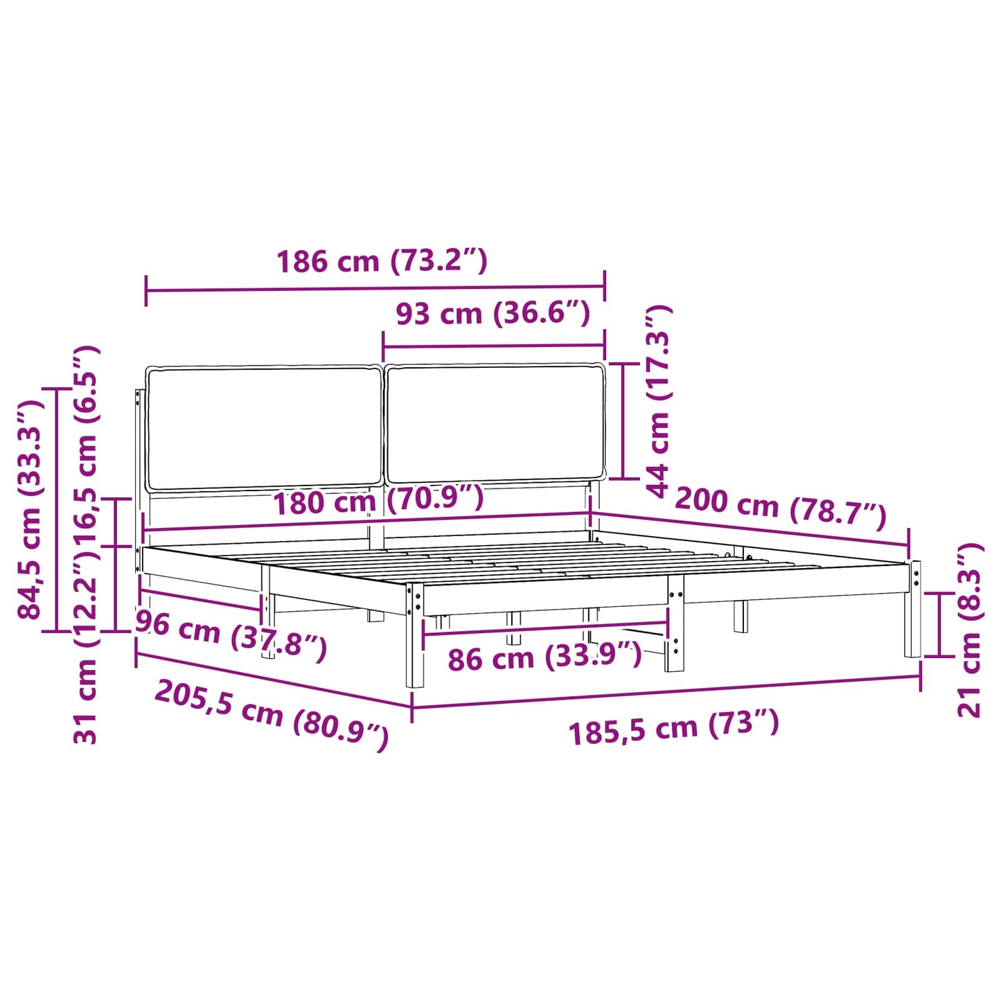 vidaXL Σκελετός Κρεβατιού με Επενδεδυμένο Κεφαλάρι Μαύρο 180 x 200 cm