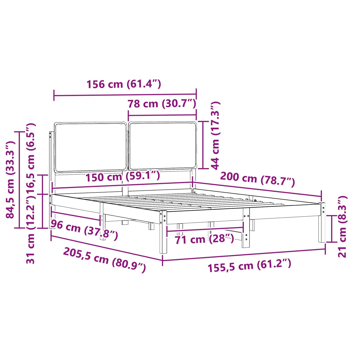 vidaXL Σκελετός Κρεβατιού με Επενδεδυμένο Κεφαλάρι Μαύρο 150 x 200 cm
