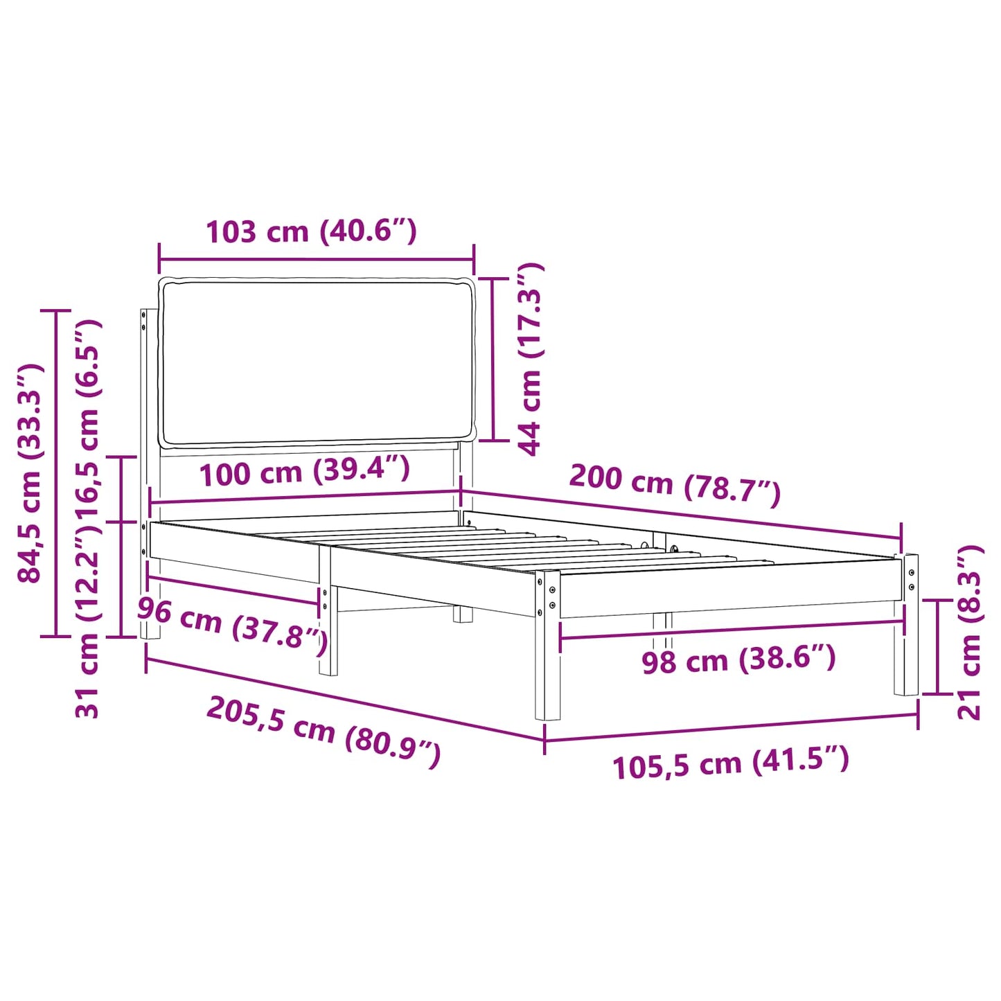 vidaXL Σκελετός Κρεβατιού με Επενδεδυμένο Κεφαλάρι Μαύρο 100 x 200 cm