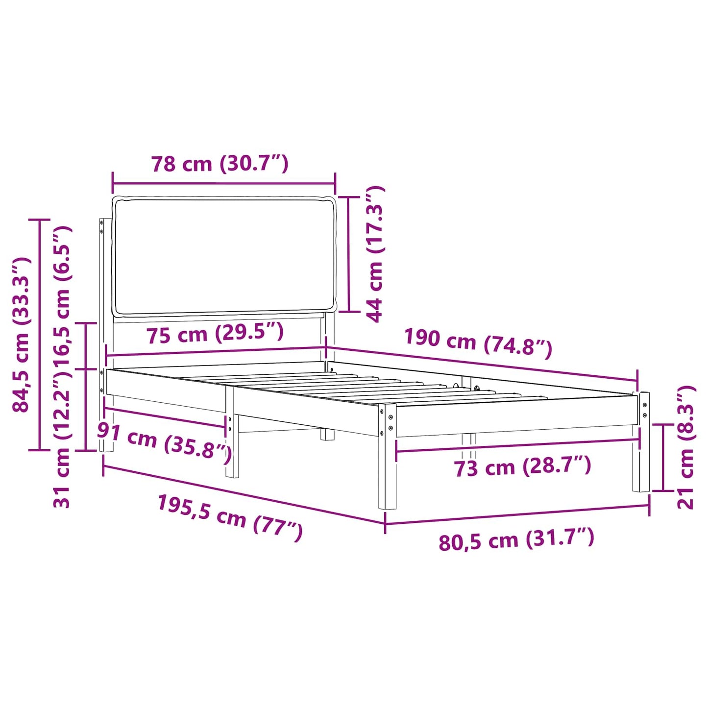 vidaXL Σκελετός Κρεβατιού με Επενδεδυμένο Κεφαλάρι Taupe 75 x 190 cm