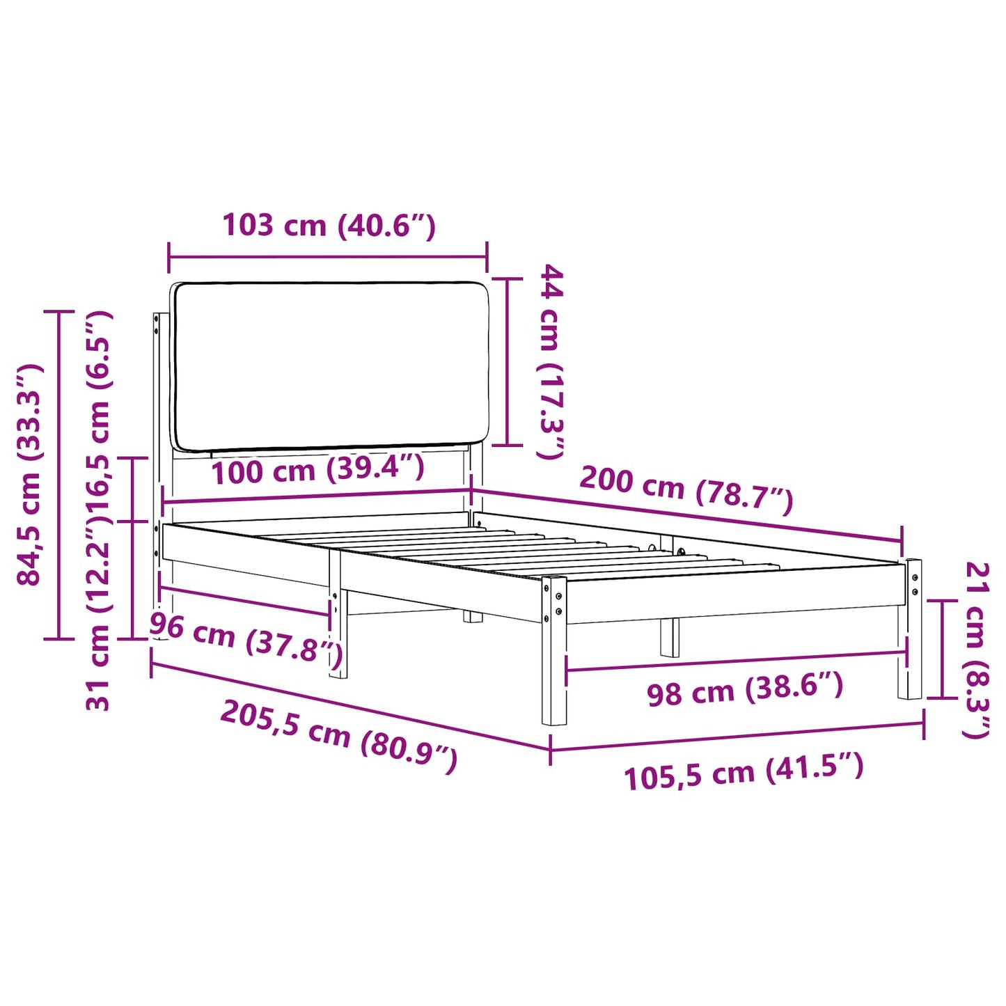 vidaXL Σκελετός Κρεβατιού με Επενδεδυμένο Κεφαλάρι Μαύρο 100 x 200 cm